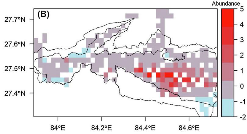 A pixellated map of Chitwan National Park, showing different colours to mark the abundance of prey species, predator species, and human disturbance.
